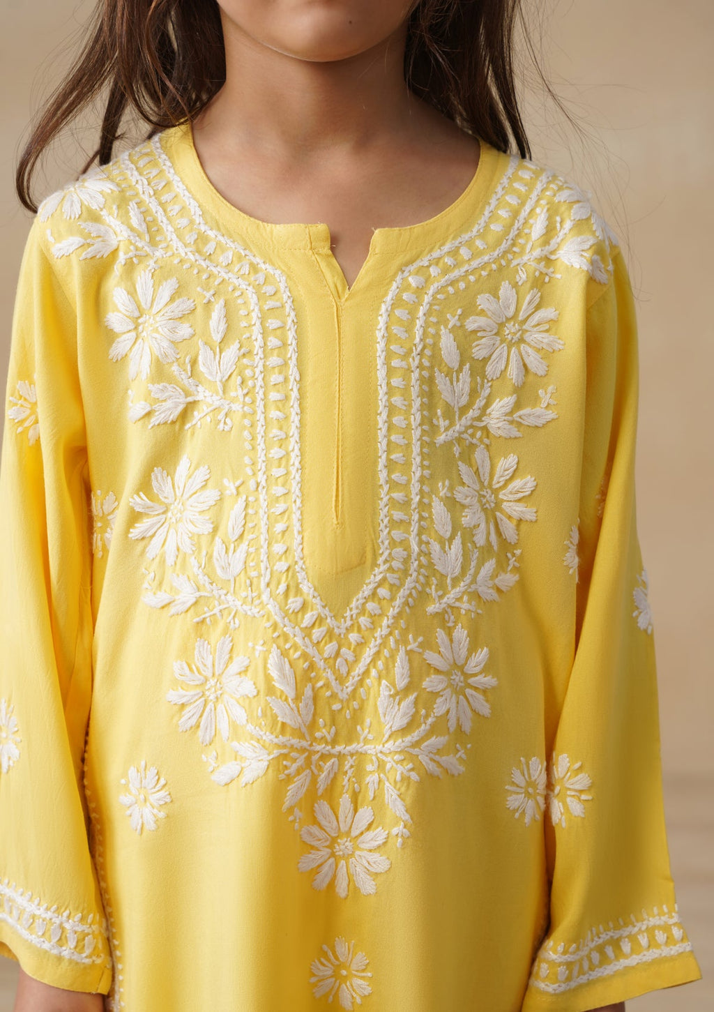 HOC Rayon Chikankari Solid Girls 2 PC Long Kurta Set - Yellow