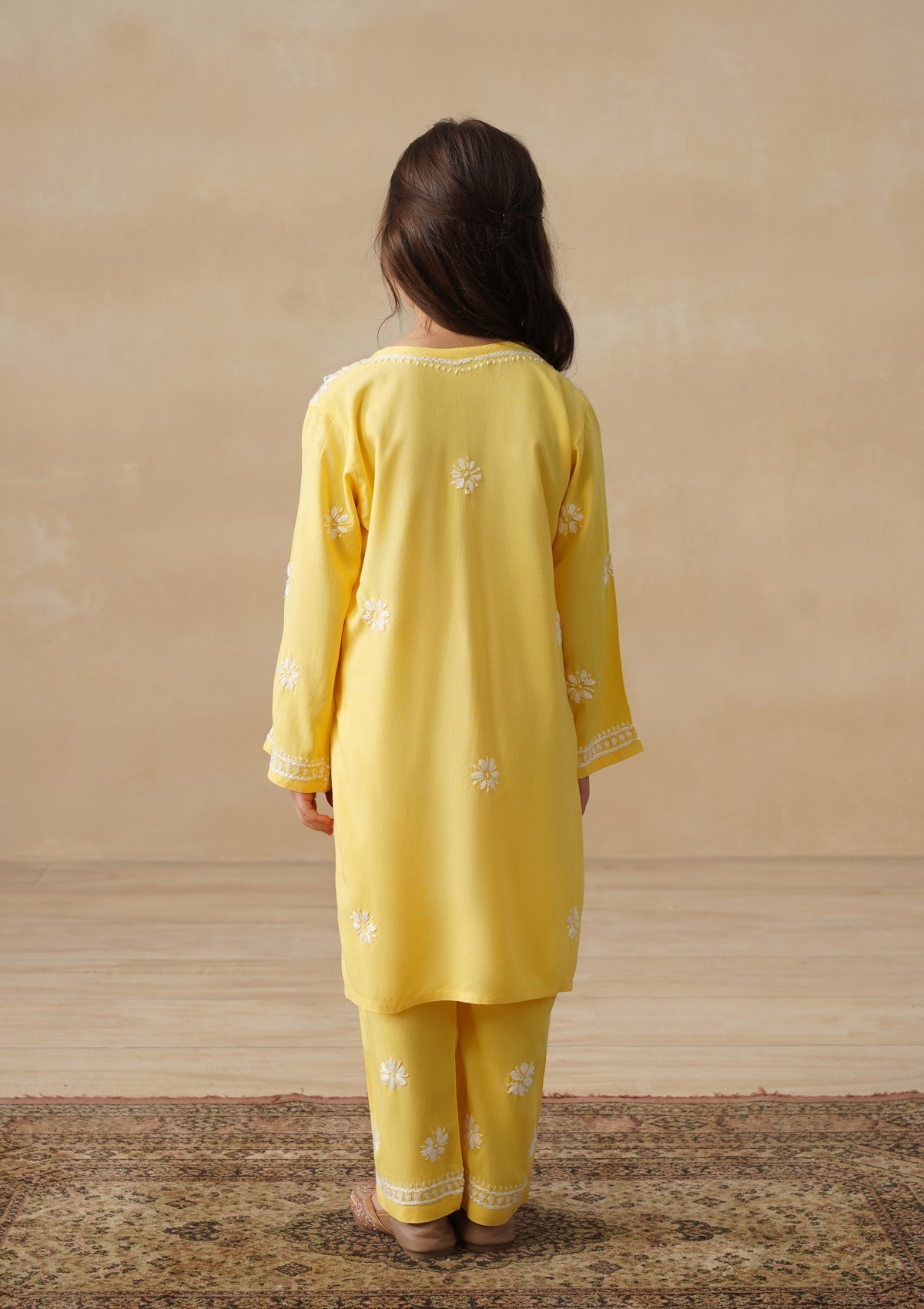 HOC Rayon Chikankari Solid Girls 2 PC Long Kurta Set - Yellow